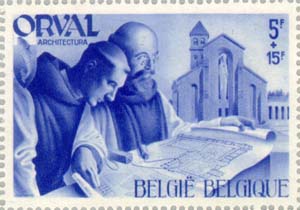 Monks studying Plans of Orval Abbey